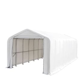 18' x 45' RV/Motorhome Storage Shelter, 17 oz PVC Fabric Cover, Front Roll-Up Door, Enclosed Rear Wall, 3-Layer Galvanized Steel Frame
