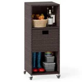 Mix Brown PE Rattan Outdoor Storage Cabinet, 3-Shelf With Removable Drawer & Lockable Wheels (Option: Defaulttitle)