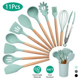 11Pcs Silicone Cooking Utensil Set Heat Resist Wooden Handle Silicone Spatula Turner Ladle Spaghetti Server Tongs Spoon Egg Whish Kitchenware Set (Color: Light Green)